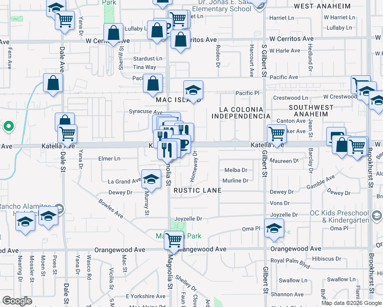 map of restaurants, bars, coffee shops, grocery stores, and more near 11031 Homeway Drive in Garden Grove