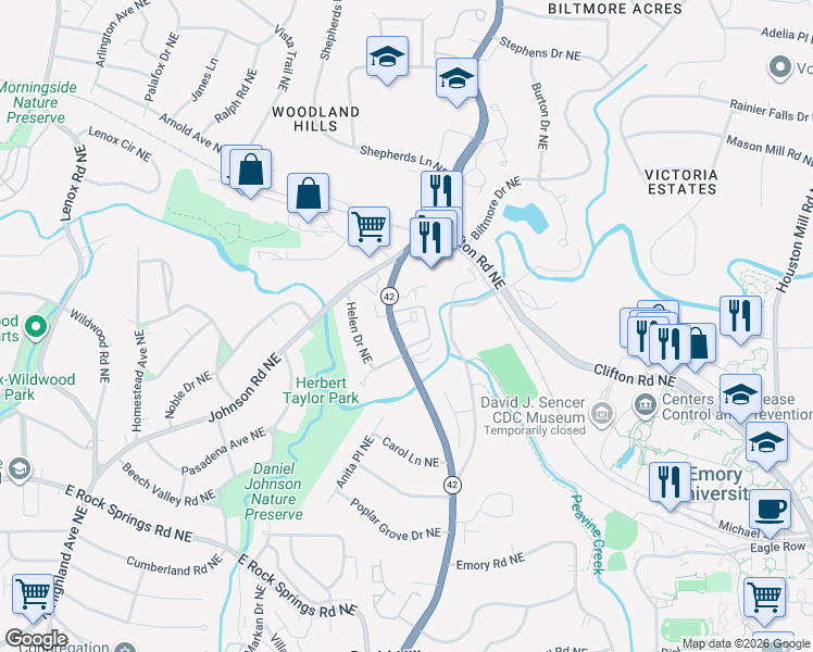 map of restaurants, bars, coffee shops, grocery stores, and more near 1659 Briarcliff Road Northeast in Atlanta