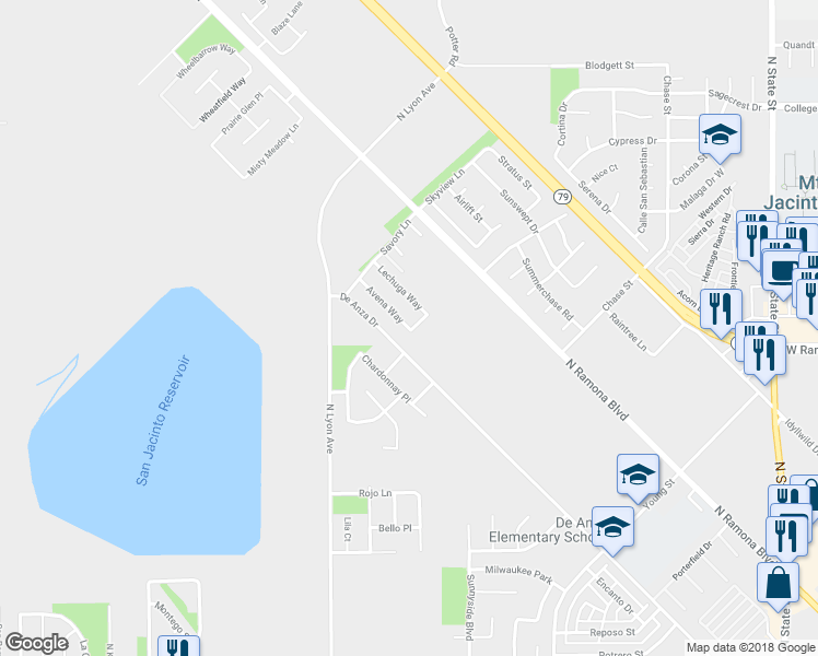 map of restaurants, bars, coffee shops, grocery stores, and more near 1414 Avena Way in San Jacinto