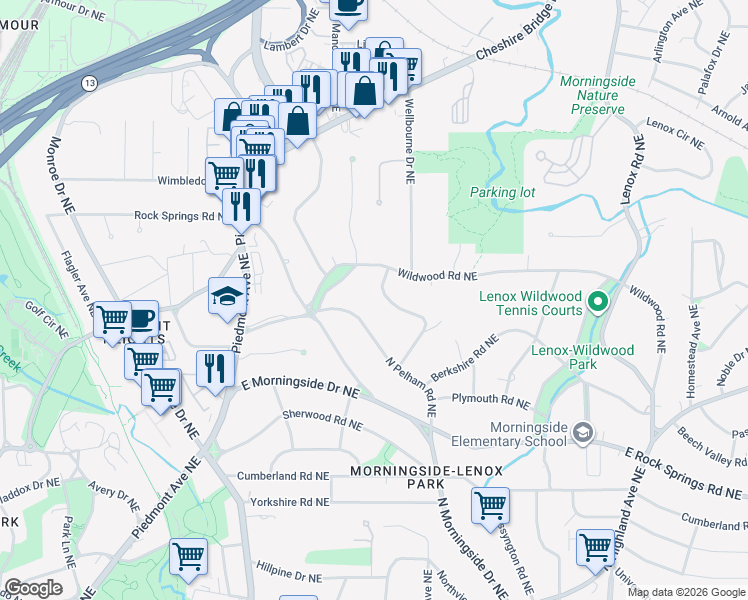 map of restaurants, bars, coffee shops, grocery stores, and more near 1752 Pine Ridge Dr NE in Atlanta