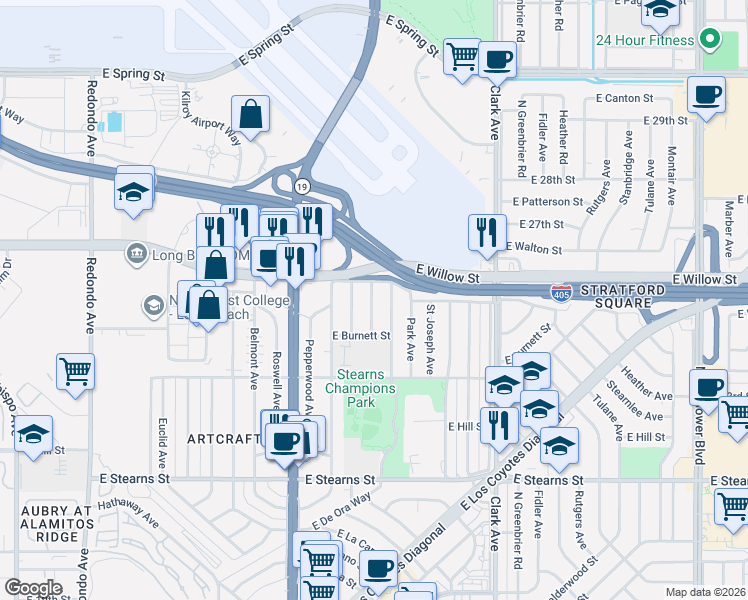 map of restaurants, bars, coffee shops, grocery stores, and more near 2538 Quincy Avenue in Long Beach
