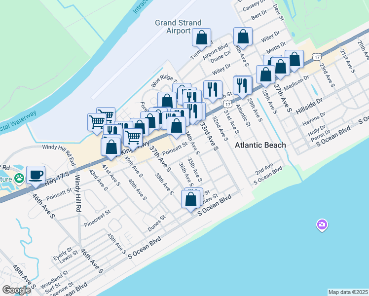 map of restaurants, bars, coffee shops, grocery stores, and more near 3405 Poinsett Street in North Myrtle Beach