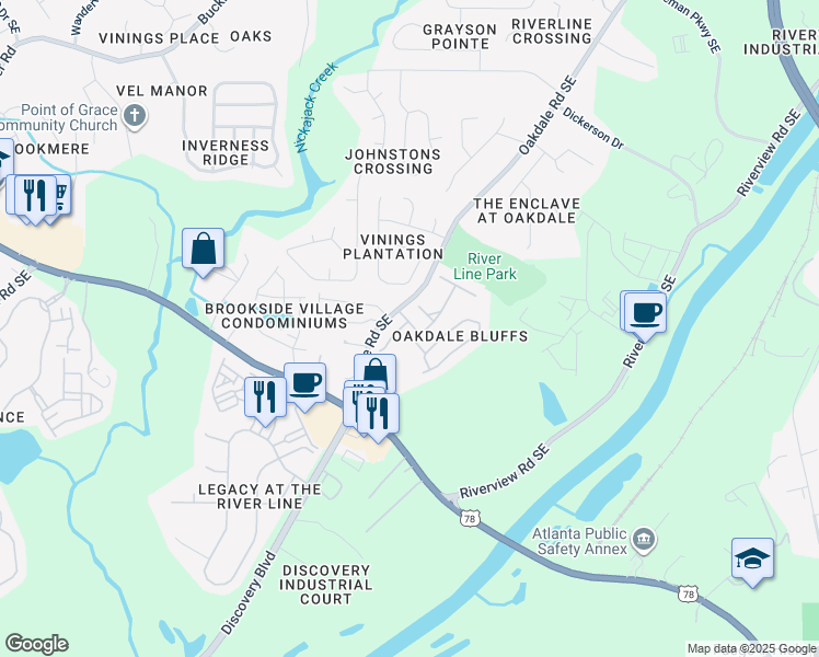 map of restaurants, bars, coffee shops, grocery stores, and more near 1562 Oakdale Bluffs Drive in Mableton