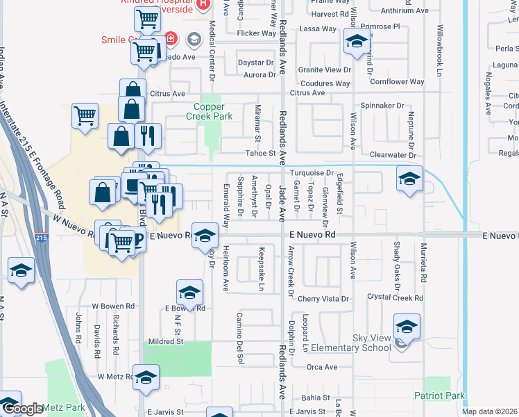 map of restaurants, bars, coffee shops, grocery stores, and more near 1681 Amethyst Drive in Perris