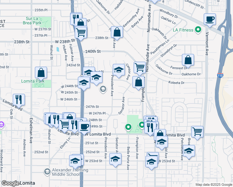 map of restaurants, bars, coffee shops, grocery stores, and more near 24420 President Avenue in Los Angeles