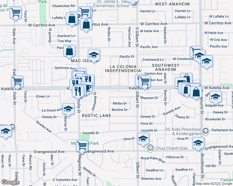 map of restaurants, bars, coffee shops, grocery stores, and more near 9338 Meridian Lane in Garden Grove