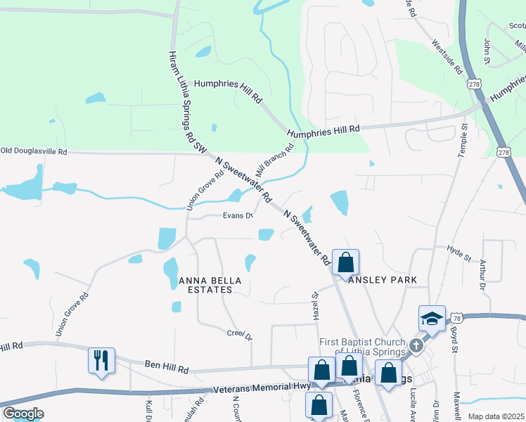 map of restaurants, bars, coffee shops, grocery stores, and more near 6255 North Sweetwater Road in Lithia Springs