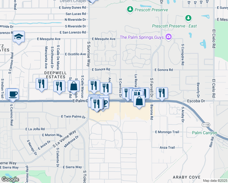 map of restaurants, bars, coffee shops, grocery stores, and more near 2026 Normandy Court in Palm Springs