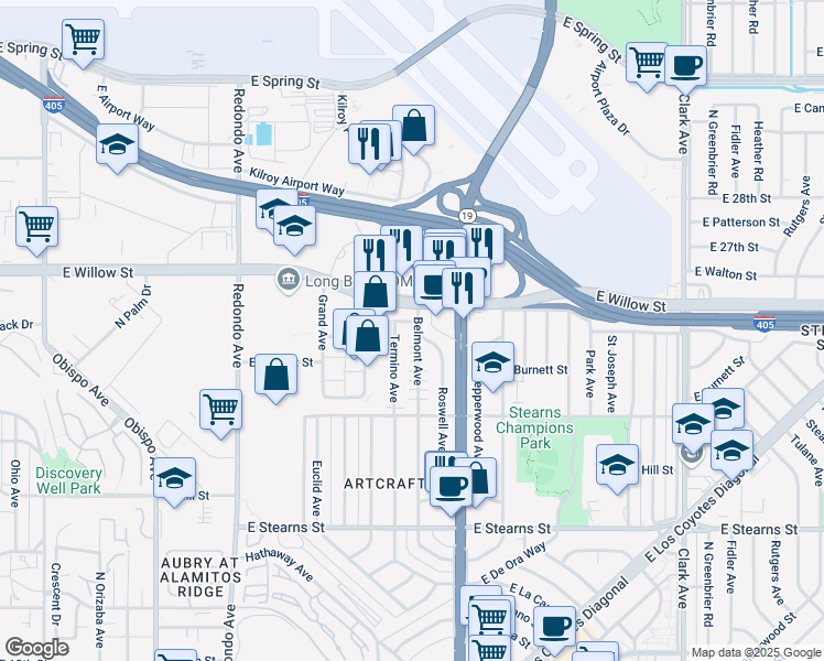 map of restaurants, bars, coffee shops, grocery stores, and more near 2531 Belmont Avenue in Long Beach