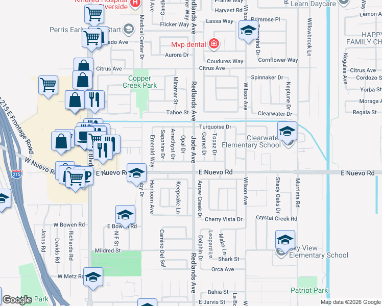 map of restaurants, bars, coffee shops, grocery stores, and more near 1676 Jade Avenue in Perris