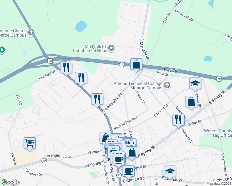 map of restaurants, bars, coffee shops, grocery stores, and more near 231 East Marable Street in Monroe