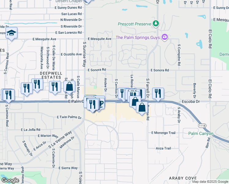 map of restaurants, bars, coffee shops, grocery stores, and more near 1651 South Cerritos Drive in Palm Springs