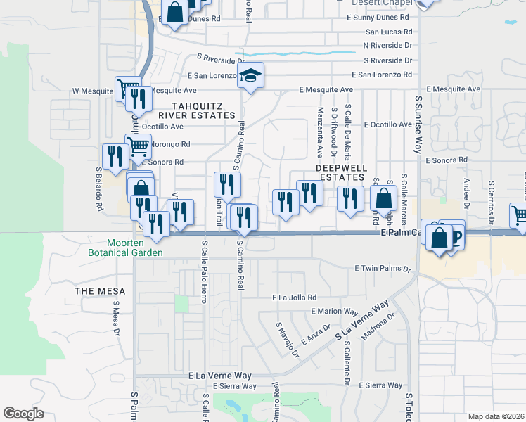 map of restaurants, bars, coffee shops, grocery stores, and more near 1020 East Palm Canyon Drive in Palm Springs