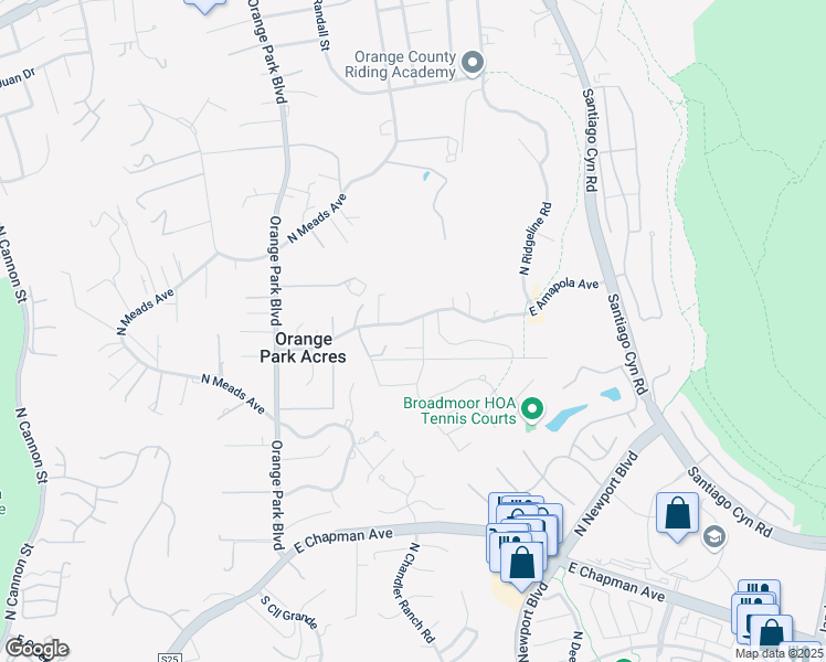 map of restaurants, bars, coffee shops, grocery stores, and more near 7202 East Amapola Avenue in Orange