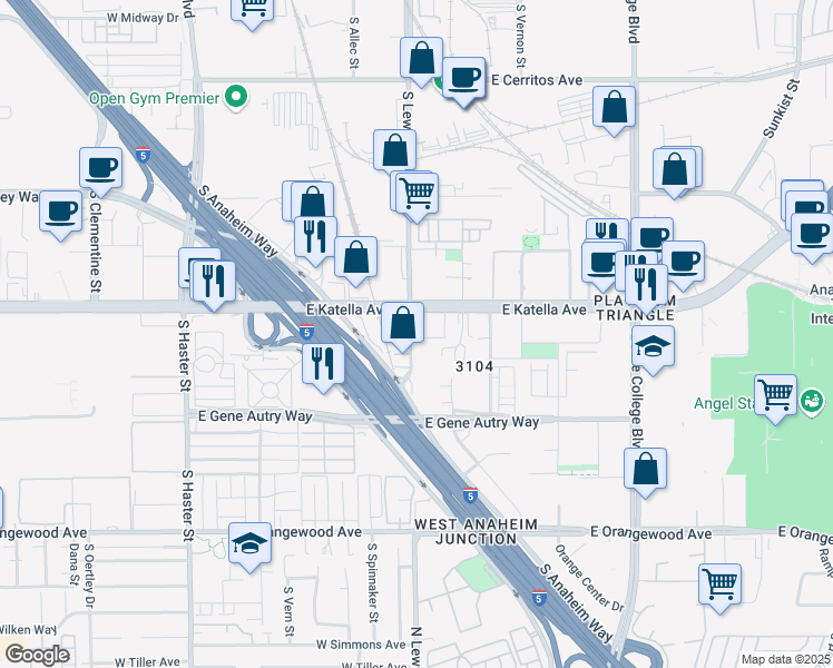 map of restaurants, bars, coffee shops, grocery stores, and more near 914 E Katella Ave in Anaheim