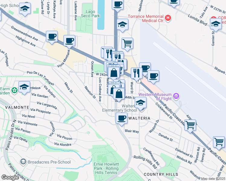 map of restaurants, bars, coffee shops, grocery stores, and more near 24241 Hawthorne Boulevard in Torrance