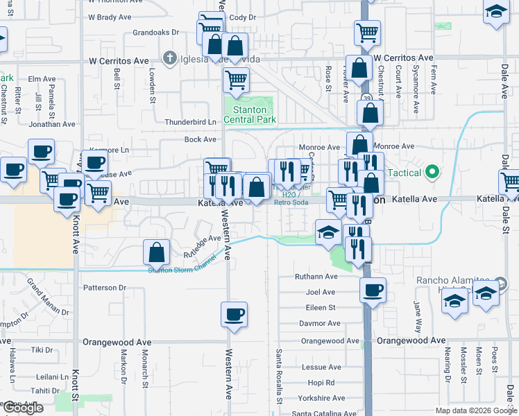 map of restaurants, bars, coffee shops, grocery stores, and more near 7600 Katella Avenue in Stanton
