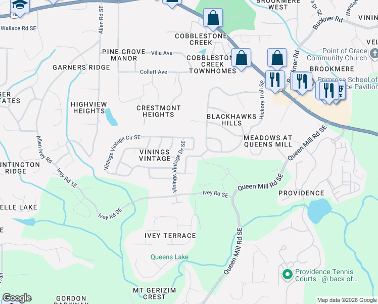 map of restaurants, bars, coffee shops, grocery stores, and more near 469 Vinings Vintage Circle in Mableton
