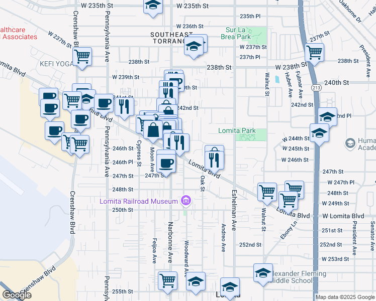 map of restaurants, bars, coffee shops, grocery stores, and more near 24520 Woodward Avenue in Lomita