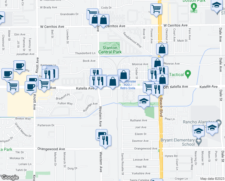 map of restaurants, bars, coffee shops, grocery stores, and more near 7600 Katella Avenue in Stanton