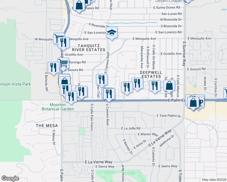 map of restaurants, bars, coffee shops, grocery stores, and more near 1550 South Camino Real in Palm Springs