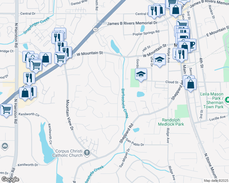 map of restaurants, bars, coffee shops, grocery stores, and more near 825 Parkstone Drive in Stone Mountain