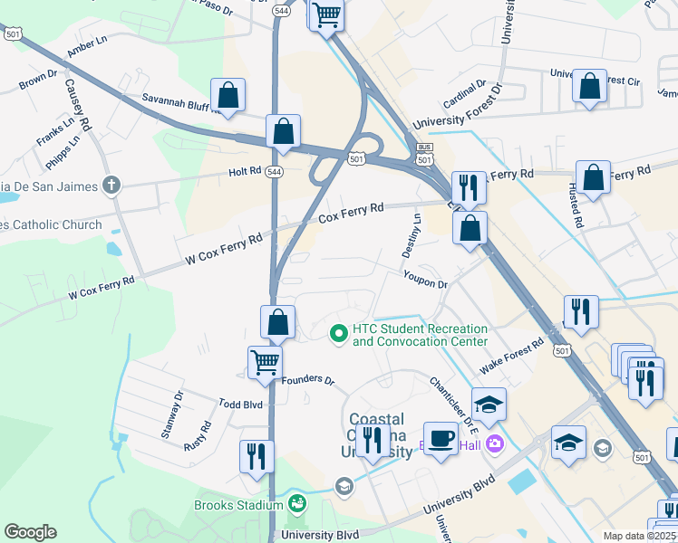 map of restaurants, bars, coffee shops, grocery stores, and more near 1812 Juniper Drive in Conway