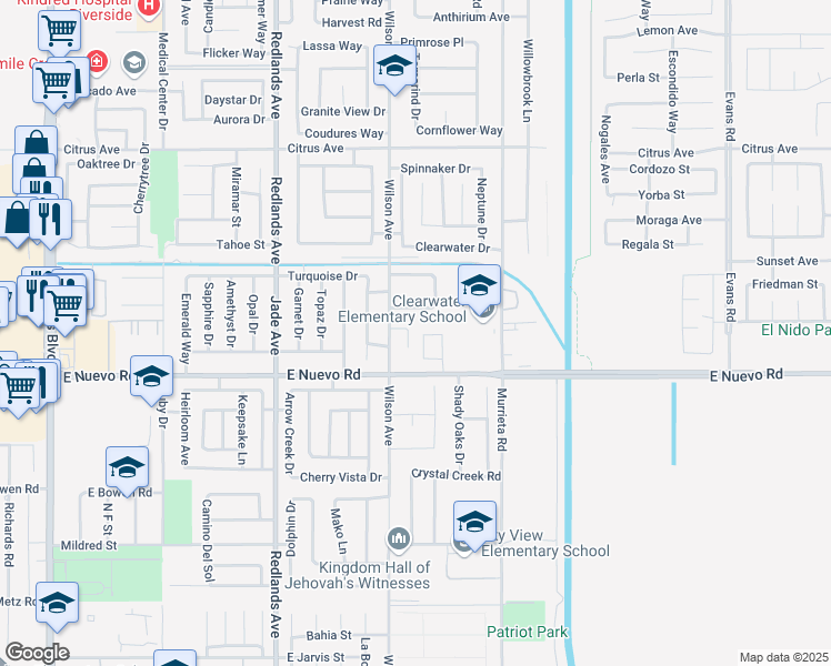 map of restaurants, bars, coffee shops, grocery stores, and more near 650 Catamaran Way in Perris