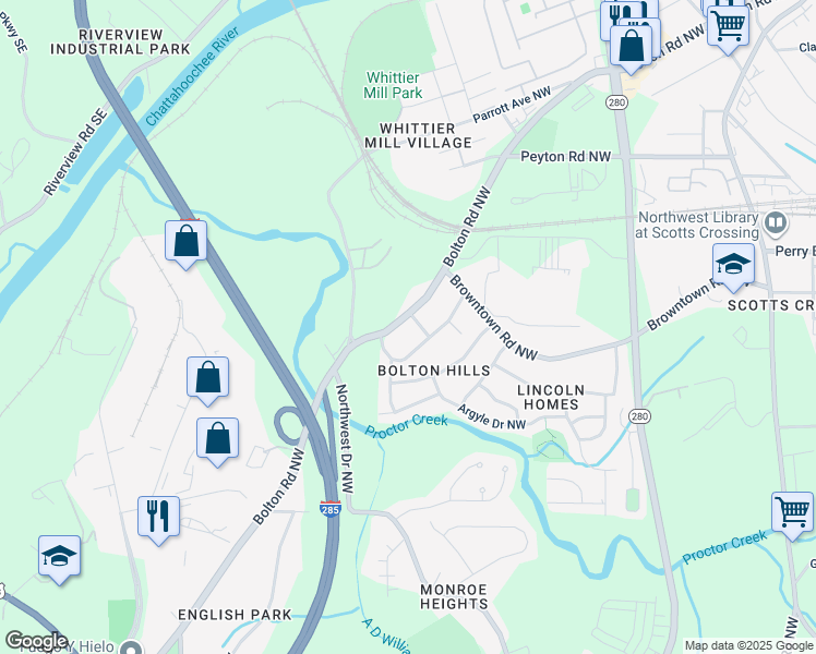 map of restaurants, bars, coffee shops, grocery stores, and more near 1755 Bolton Road Northwest in Atlanta