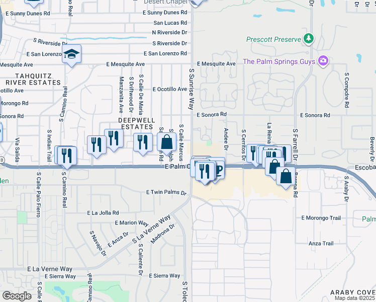 map of restaurants, bars, coffee shops, grocery stores, and more near 1645 South Sunrise Way in Palm Springs