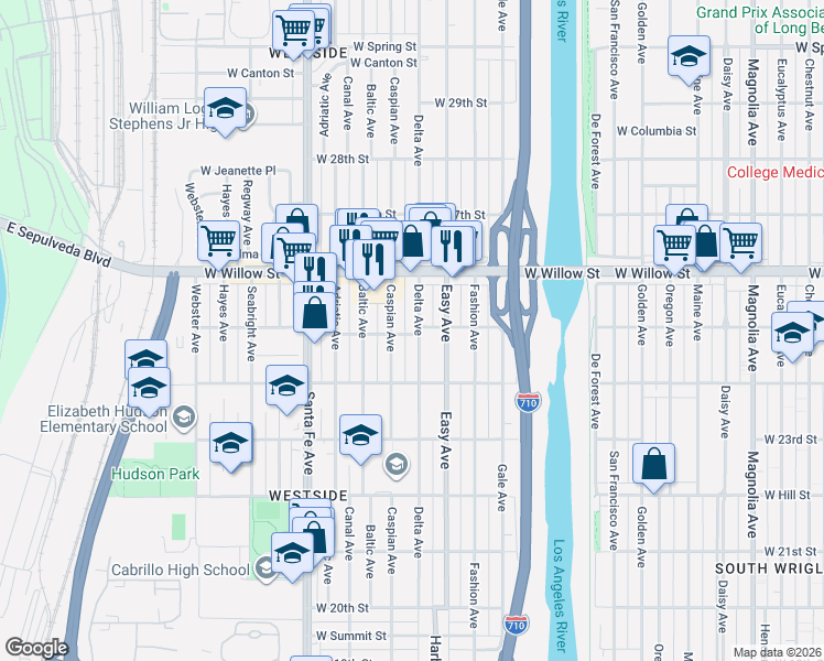 map of restaurants, bars, coffee shops, grocery stores, and more near 1417 West 25th Street in Long Beach
