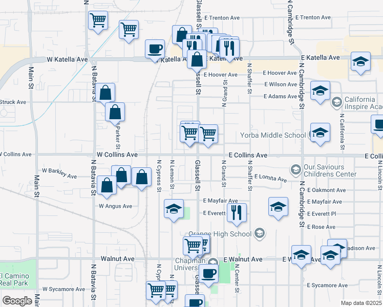 map of restaurants, bars, coffee shops, grocery stores, and more near 159 West Collins Avenue in Orange