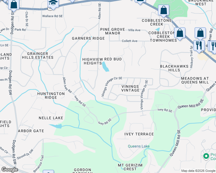 map of restaurants, bars, coffee shops, grocery stores, and more near 380 Vinings Vintage Circle Southeast in Mableton