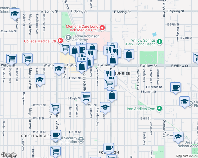 map of restaurants, bars, coffee shops, grocery stores, and more near 2498 Pasadena Avenue in Long Beach