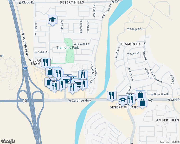 map of restaurants, bars, coffee shops, grocery stores, and more near 3014 West Ferruccio Place in Phoenix