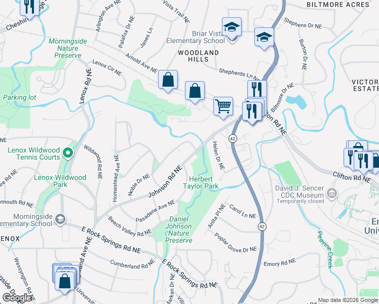 map of restaurants, bars, coffee shops, grocery stores, and more near 1782 Johnson Road Northeast in Atlanta