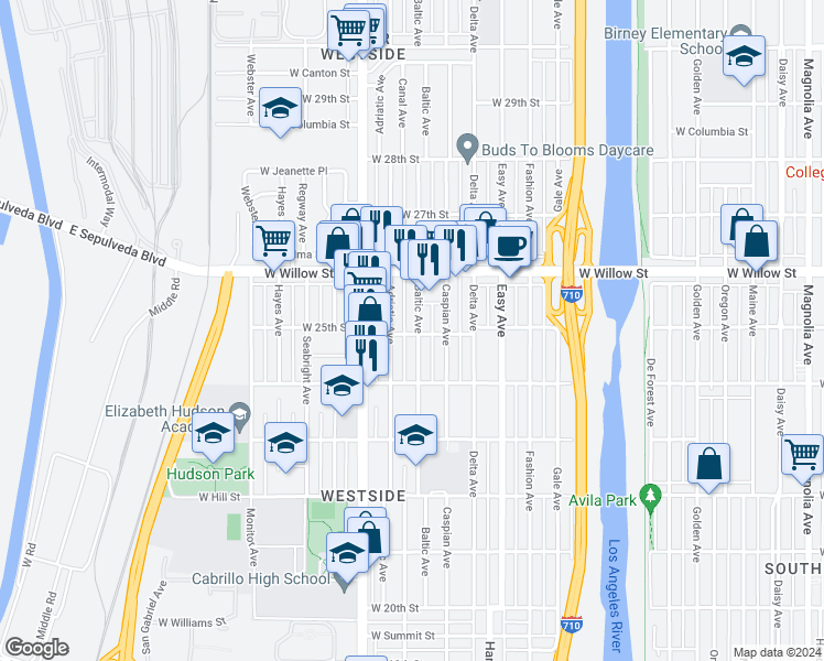 map of restaurants, bars, coffee shops, grocery stores, and more near 2501 Baltic Avenue in Long Beach