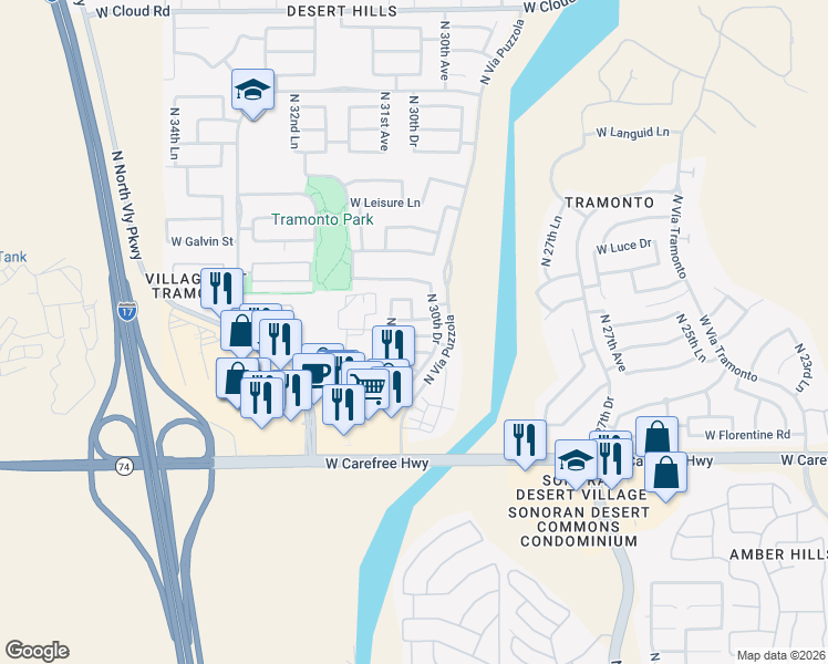 map of restaurants, bars, coffee shops, grocery stores, and more near 3014 West Ferruccio Place in Phoenix
