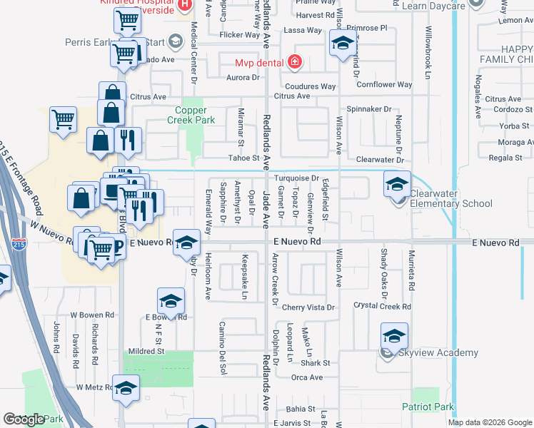 map of restaurants, bars, coffee shops, grocery stores, and more near 1676 Jade Avenue in Perris