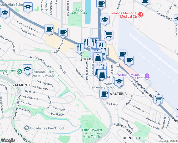 map of restaurants, bars, coffee shops, grocery stores, and more near 24252 Los Codona Ave in Torrance