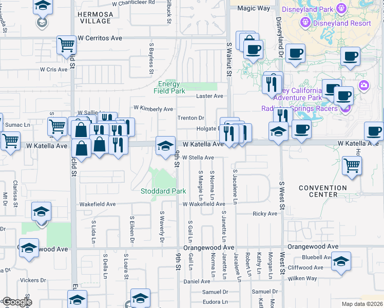 map of restaurants, bars, coffee shops, grocery stores, and more near 1403 West Stella Avenue in Anaheim