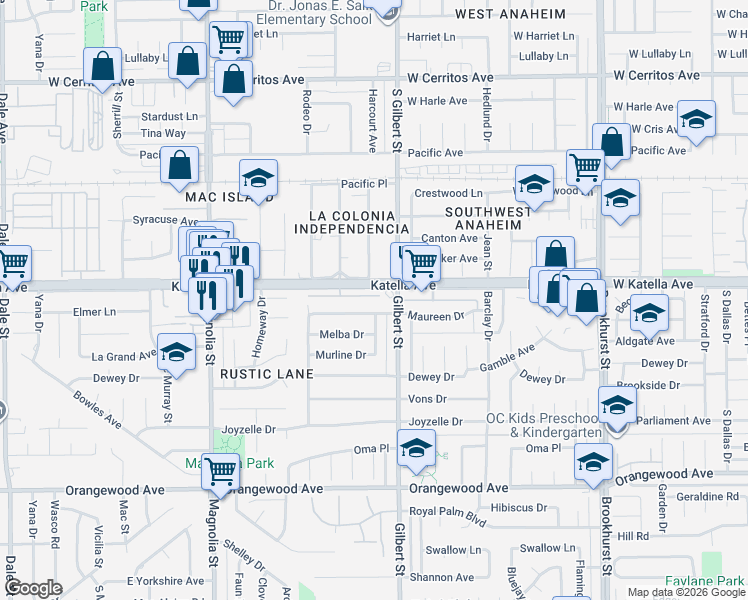 map of restaurants, bars, coffee shops, grocery stores, and more near 9396 Meridian Lane in Garden Grove
