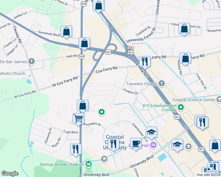 map of restaurants, bars, coffee shops, grocery stores, and more near 1760 Juniper Drive in Conway