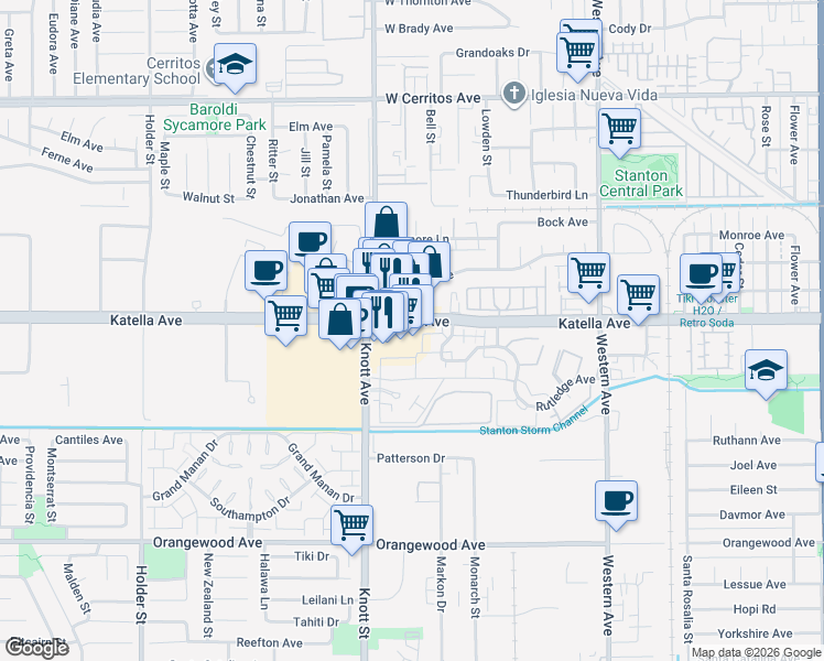 map of restaurants, bars, coffee shops, grocery stores, and more near 7104 Katella Avenue in Stanton