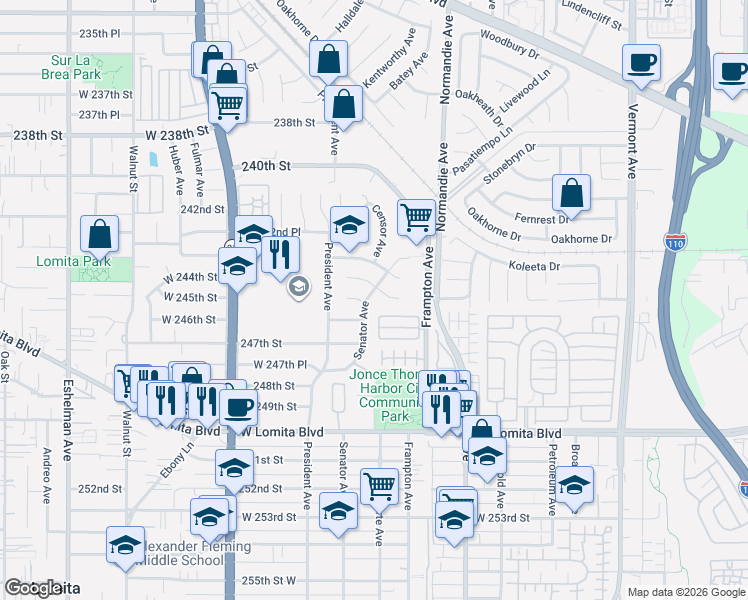 map of restaurants, bars, coffee shops, grocery stores, and more near 24414 Senator Avenue in Los Angeles