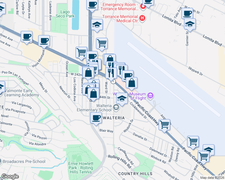 map of restaurants, bars, coffee shops, grocery stores, and more near 24241 Madison Street in Torrance