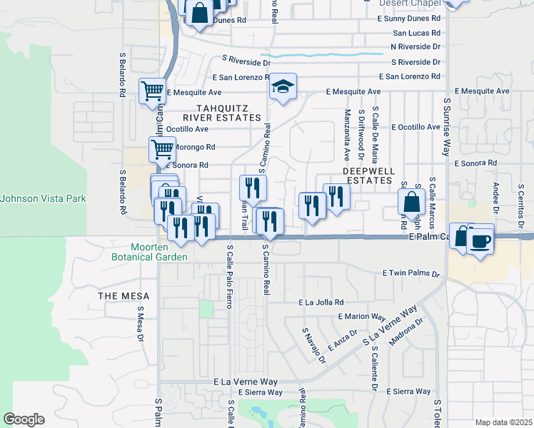 map of restaurants, bars, coffee shops, grocery stores, and more near 1620 South Indian Trail in Palm Springs