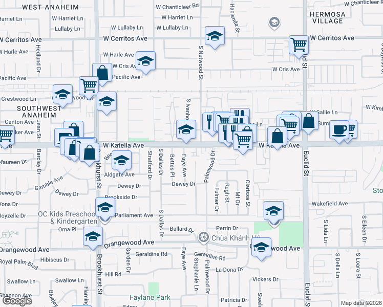 map of restaurants, bars, coffee shops, grocery stores, and more near 11023 Walden Circle in Garden Grove