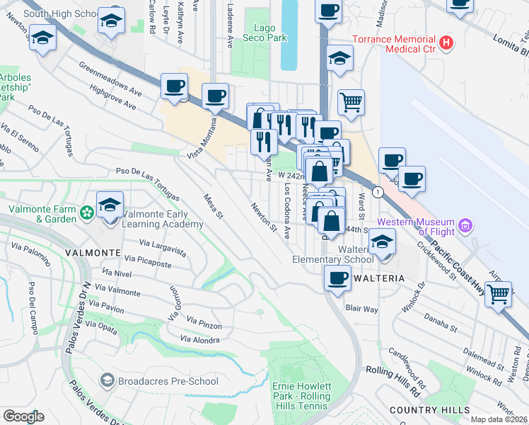 map of restaurants, bars, coffee shops, grocery stores, and more near 24251 Ocean Avenue in Torrance