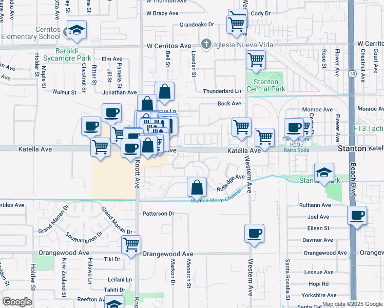 map of restaurants, bars, coffee shops, grocery stores, and more near 7227 Newton Way in Stanton